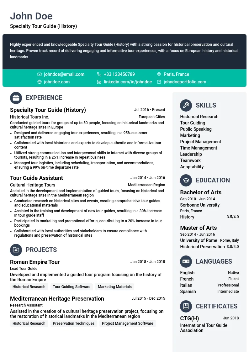 Specialty Tour Guide (History) resume example