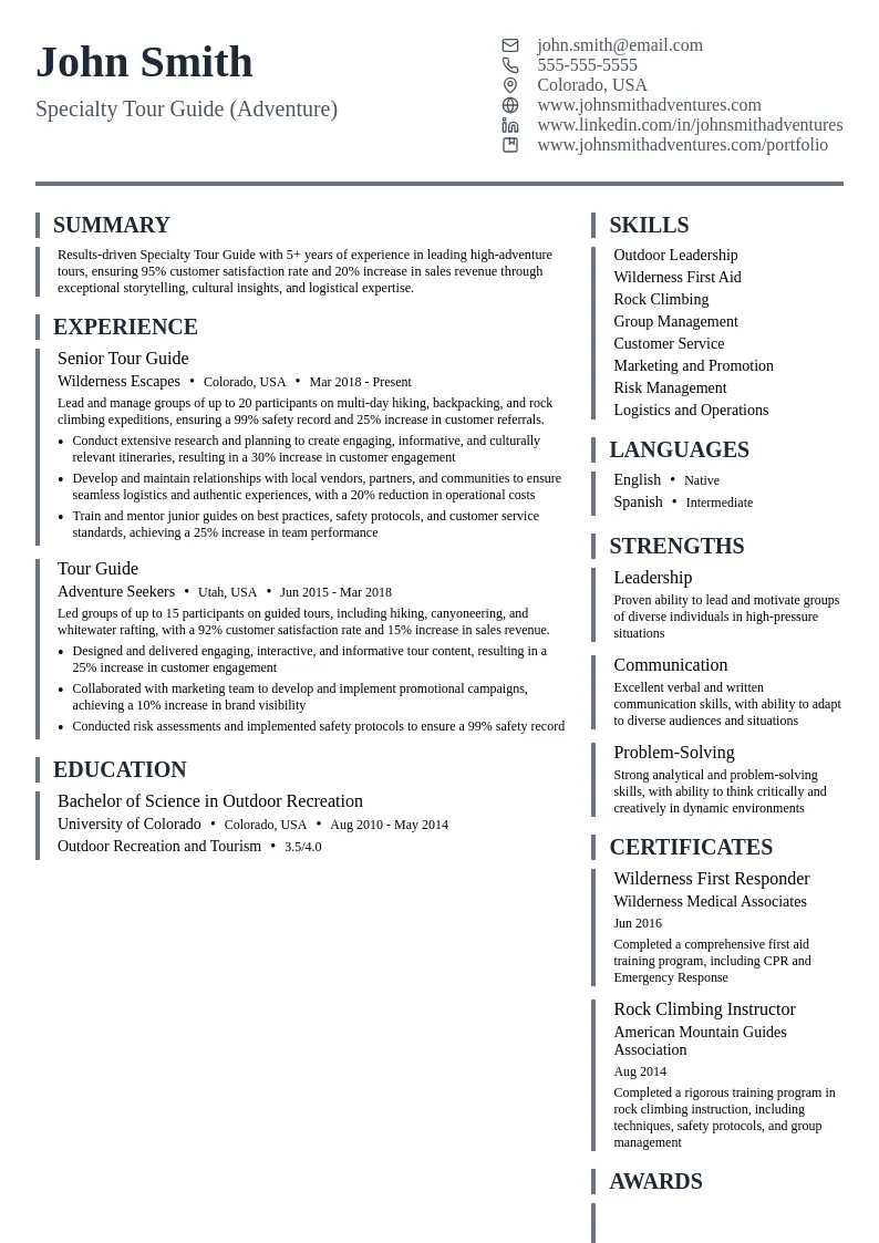Specialty Tour Guide (Adventure) resume example