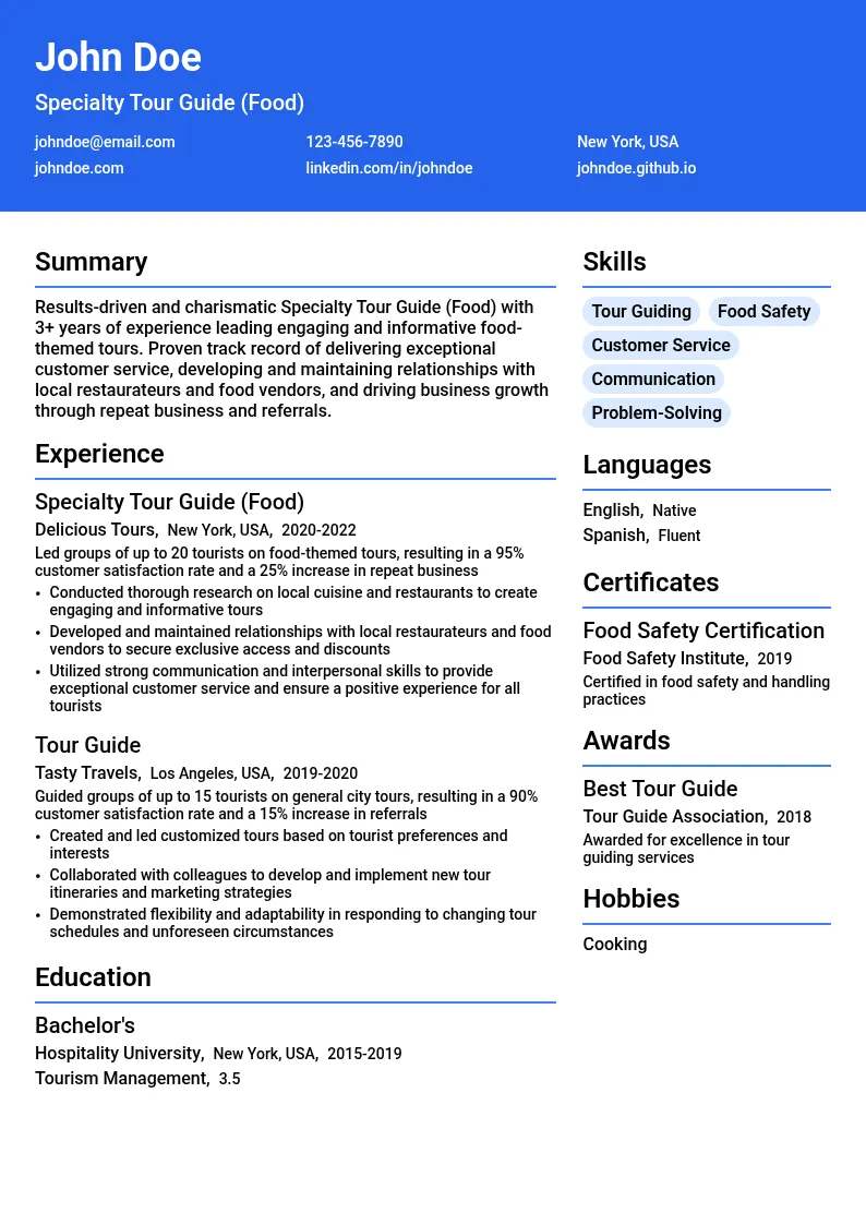Specialty Tour Guide (Food) resume example
