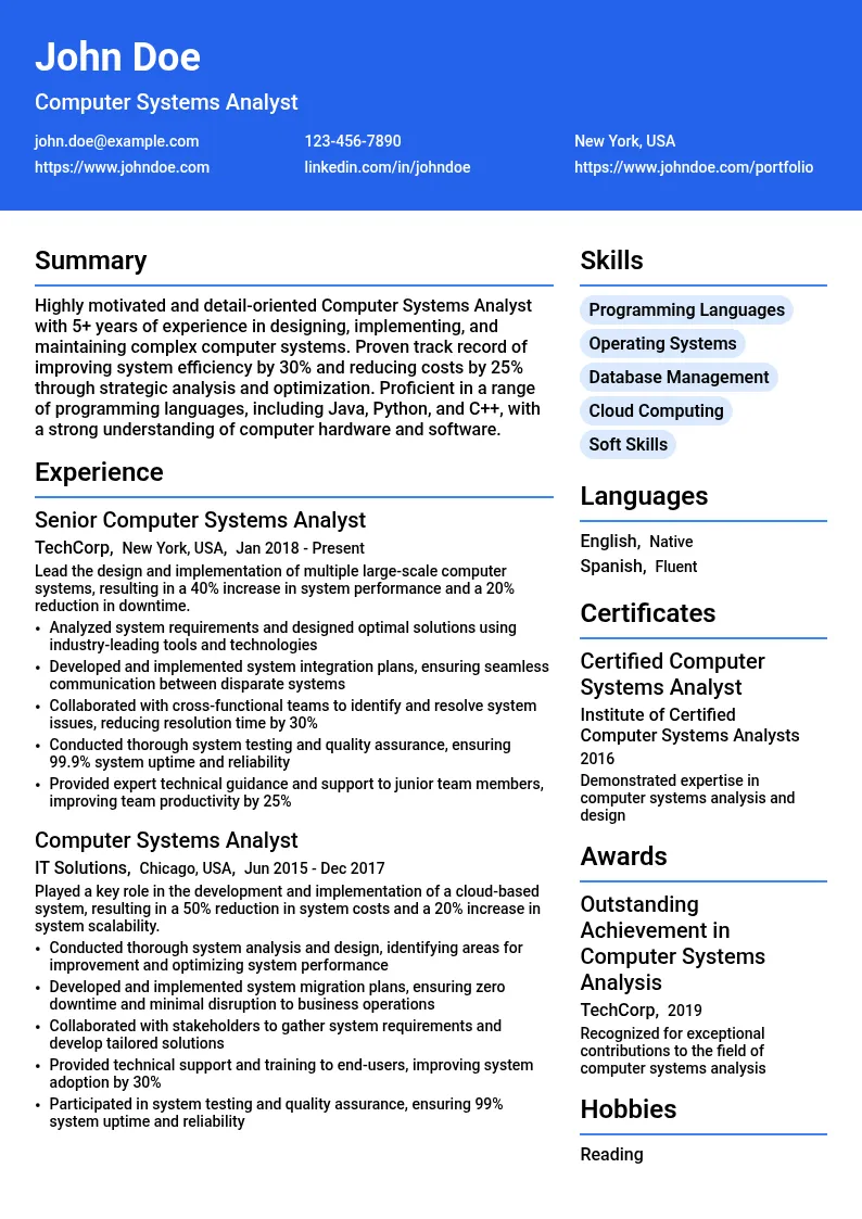 Computer Systems Analyst resume example