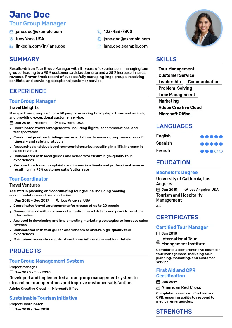 Tour Group Manager resume example