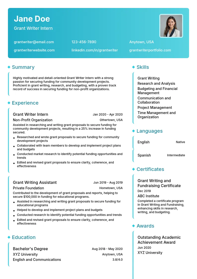 Grant Writer Intern resume example