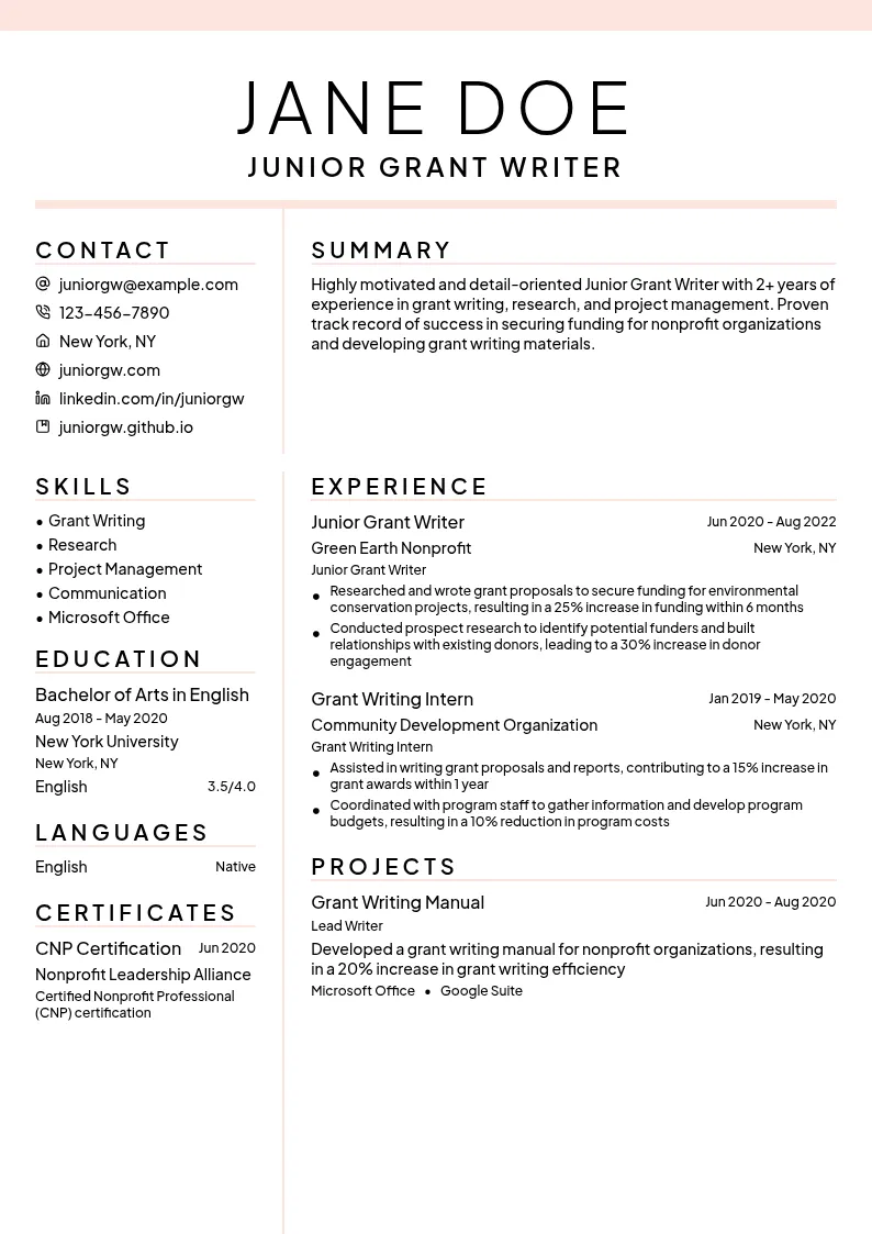 Junior Grant Writer resume example