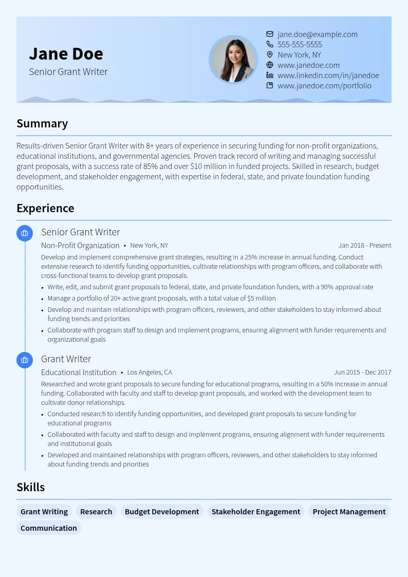 Senior Grant Writer resume example