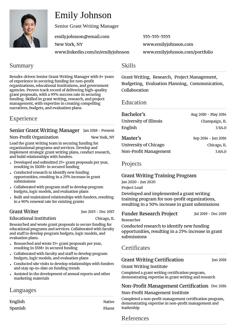 Senior Grant Writing Manager resume example