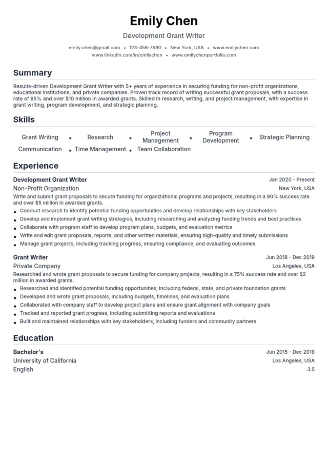Development Grant Writer resume example