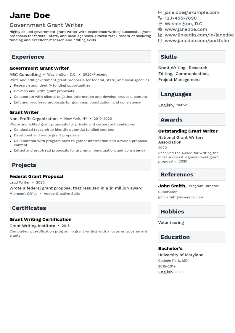 Government Grant Writer resume example