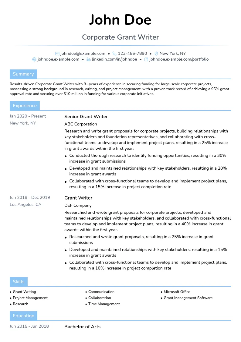 Corporate Grant Writer resume example