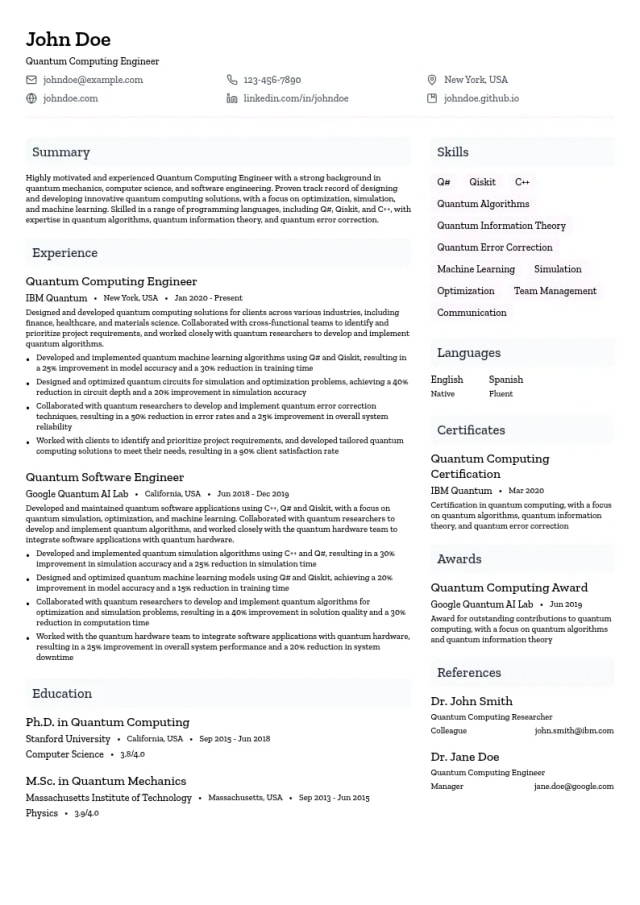 Quantum Computing Engineer resume example