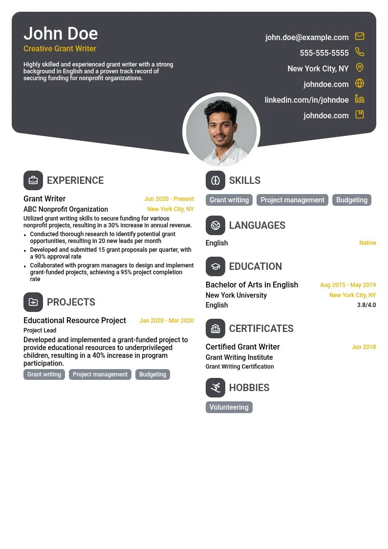 Creative Grant Writer resume example