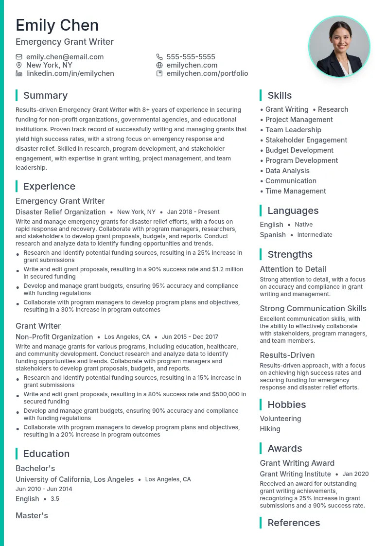 Emergency Grant Writer resume example