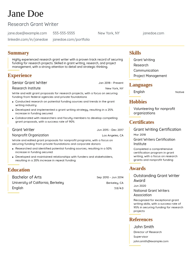Research Grant Writer resume example