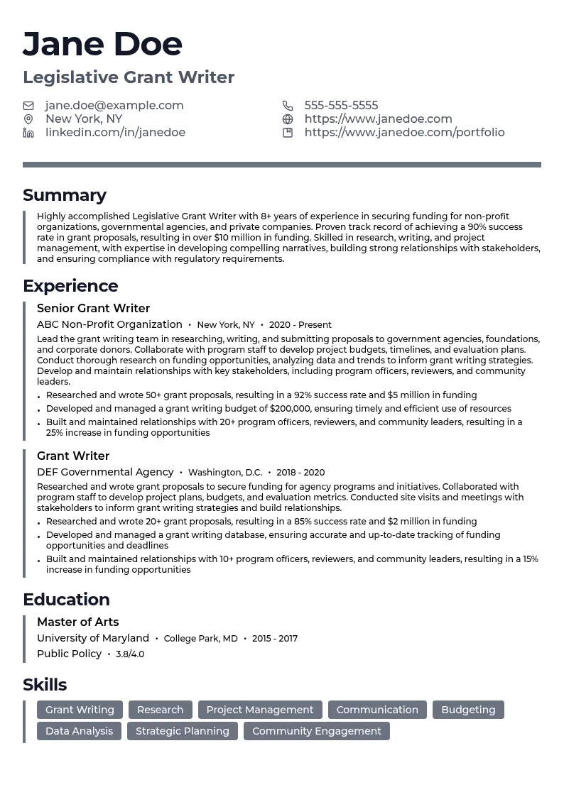Legislative Grant Writer resume example