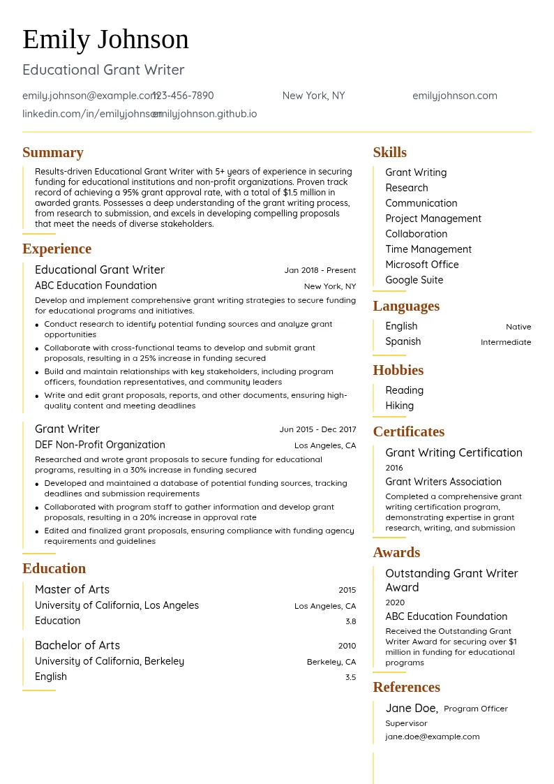 Educational Grant Writer resume example