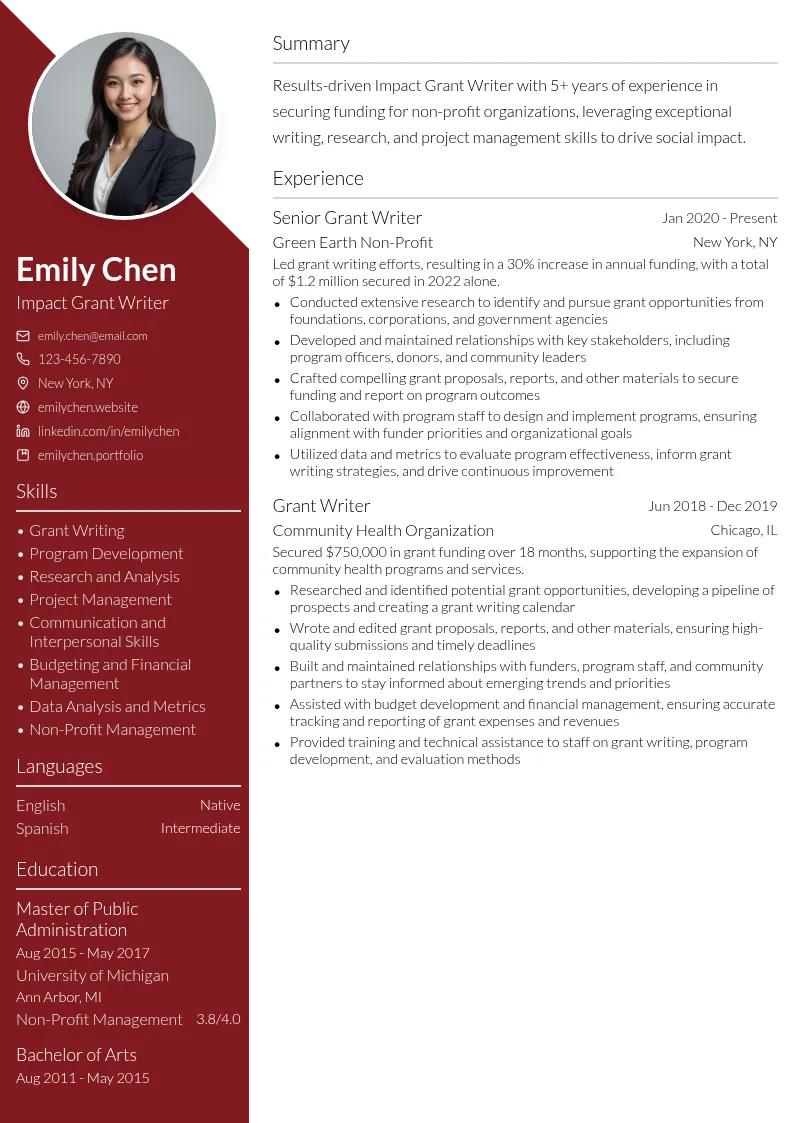 Impact Grant Writer resume example