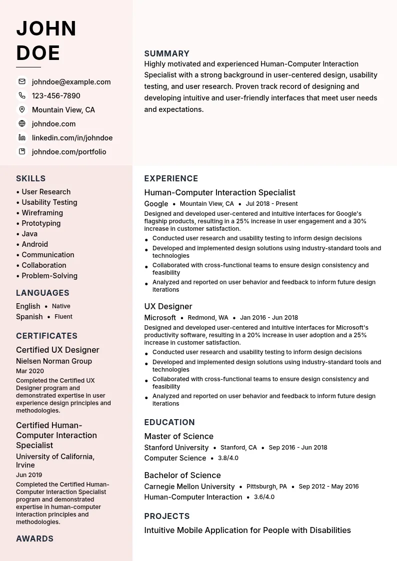 Human-Computer Interaction Specialist resume example