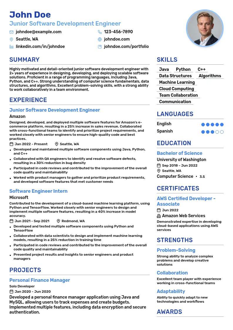 Junior Software Development Engineer Amazon resume example