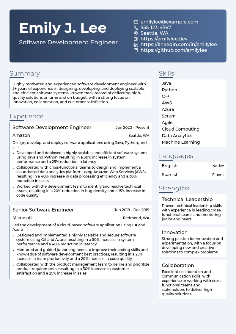 Software Development Engineer Amazon resume example