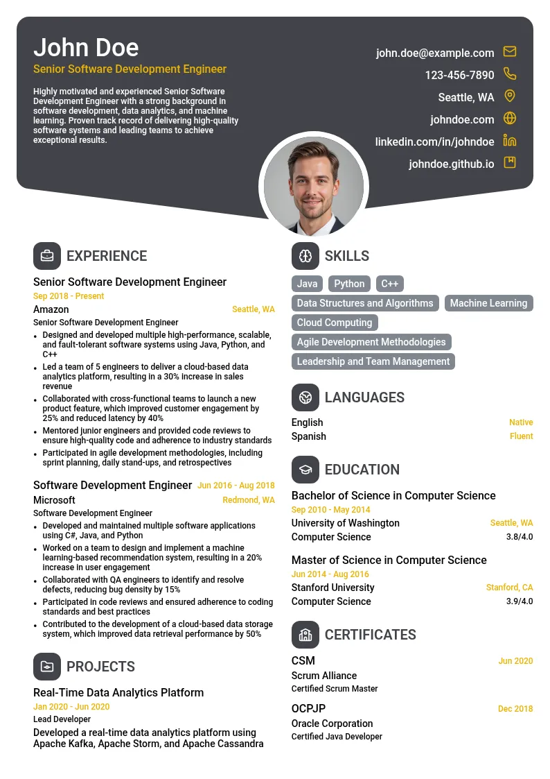 Senior Software Development Engineer Amazon resume example