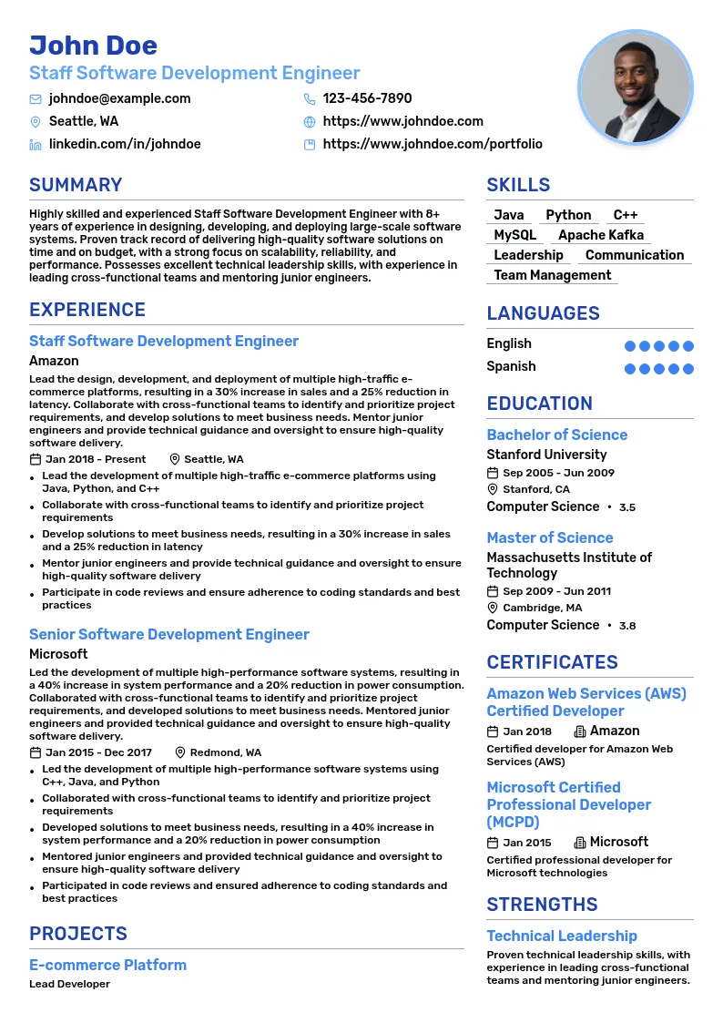 Staff Software Development Engineer Amazon resume example