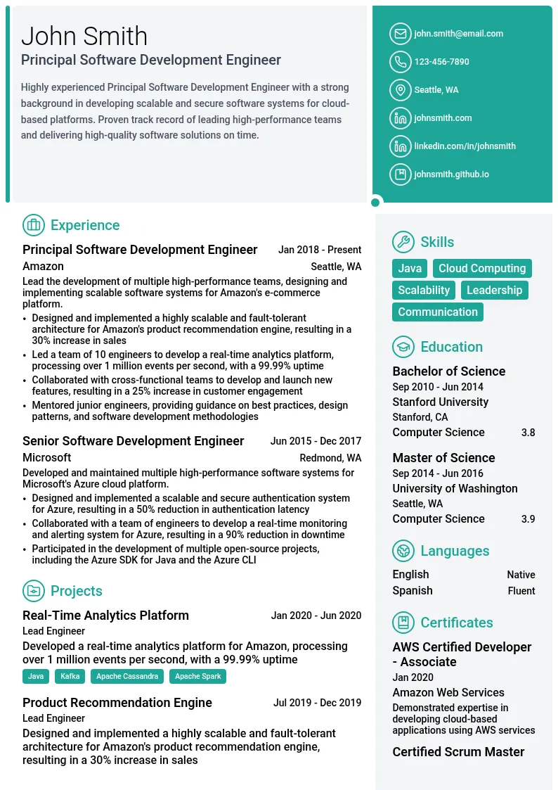 Principal Software Development Engineer Amazon resume example