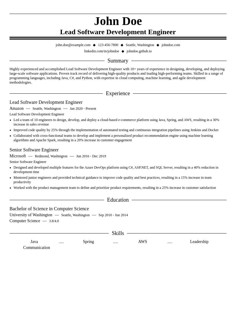 Lead Software Development Engineer Amazon resume example