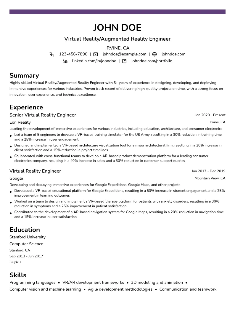 Virtual Reality/Augmented Reality Engineer resume example