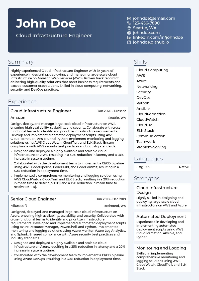 Cloud Infrastructure Engineer Amazon resume example