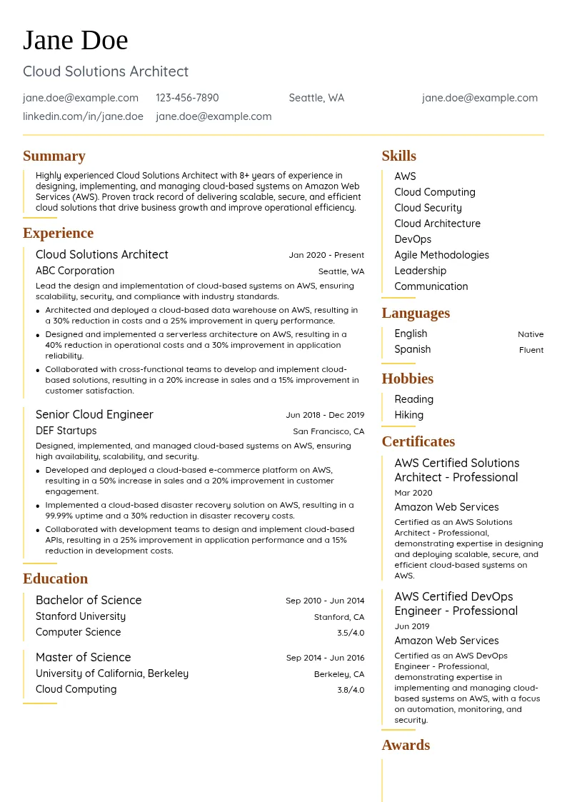 Cloud Solutions Architect Amazon resume example