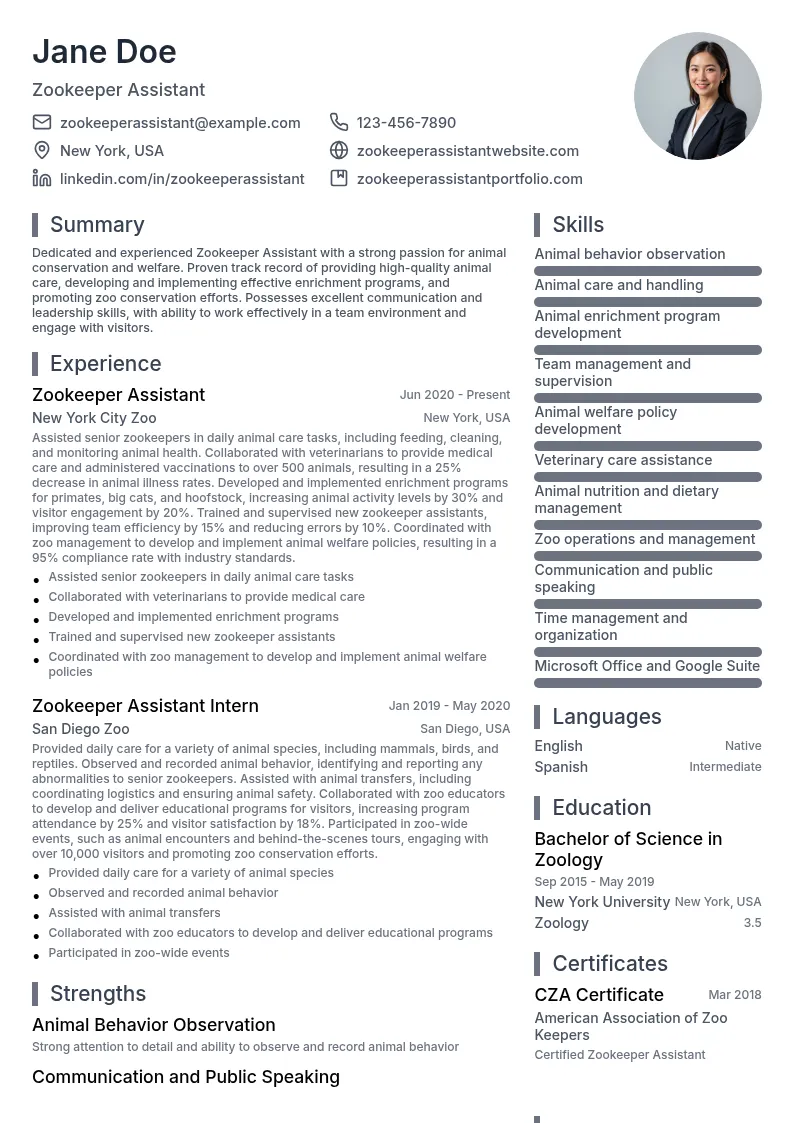 Zookeeper Assistant resume example