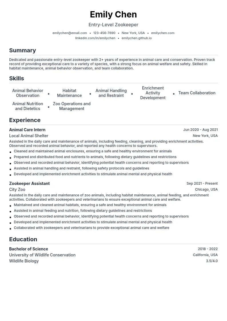Zookeeper - Entry Level resume example