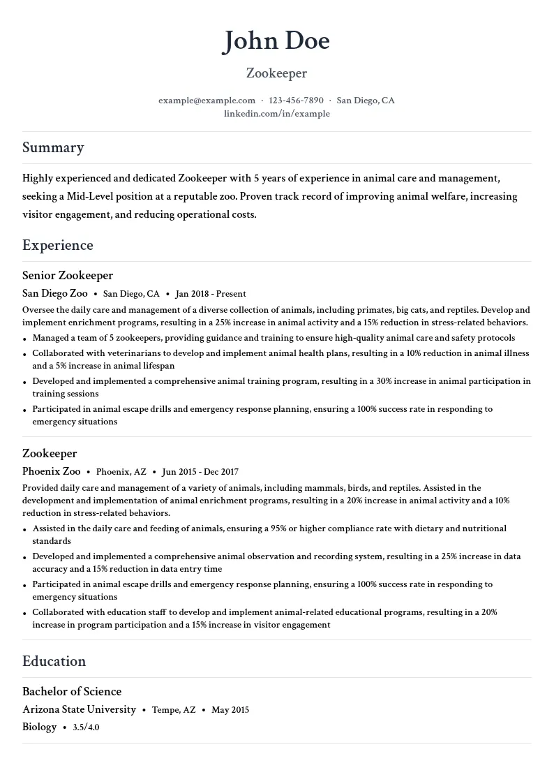 Zookeeper - Mid Level resume example