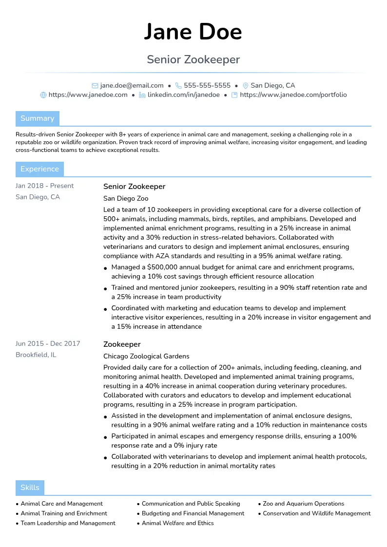 Senior Zookeeper resume example