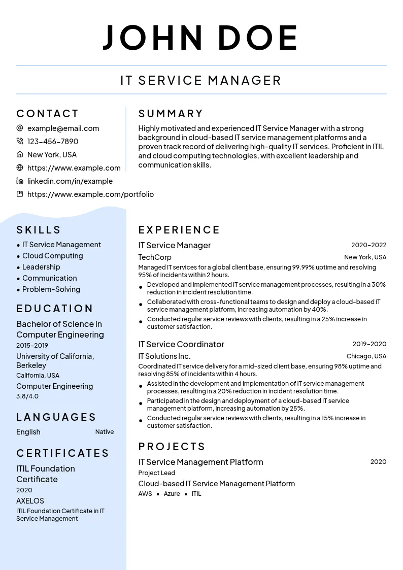 IT Service Manager resume example