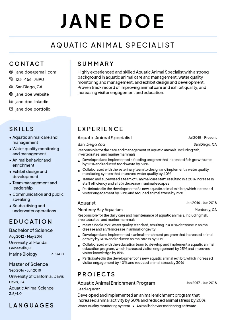 Aquatic Animal Specialist resume example