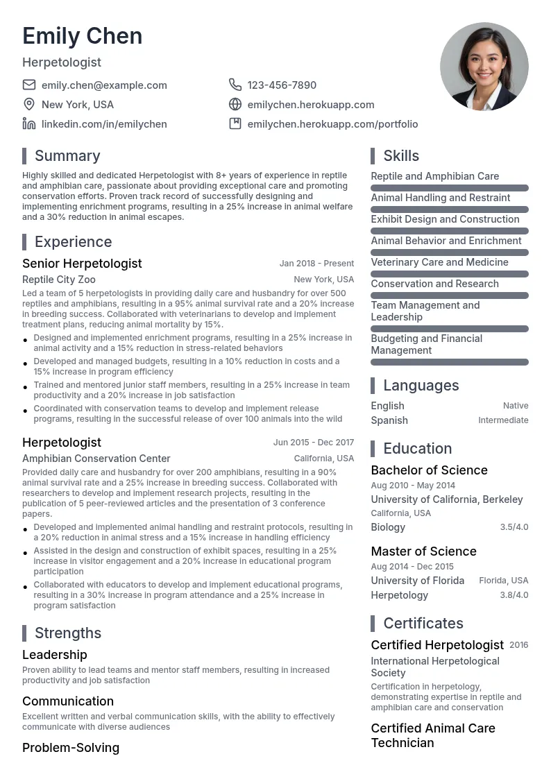 Herpetologist - Reptile and Amphibian Care resume example