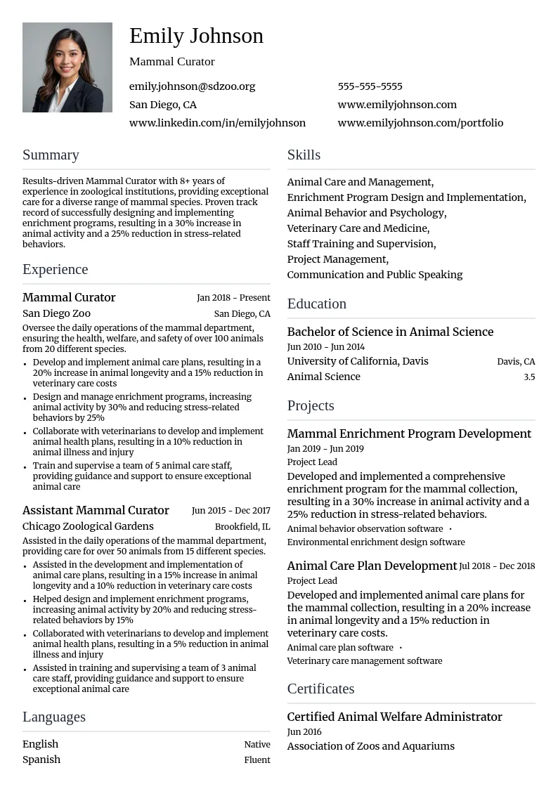 Mammal Curator resume example
