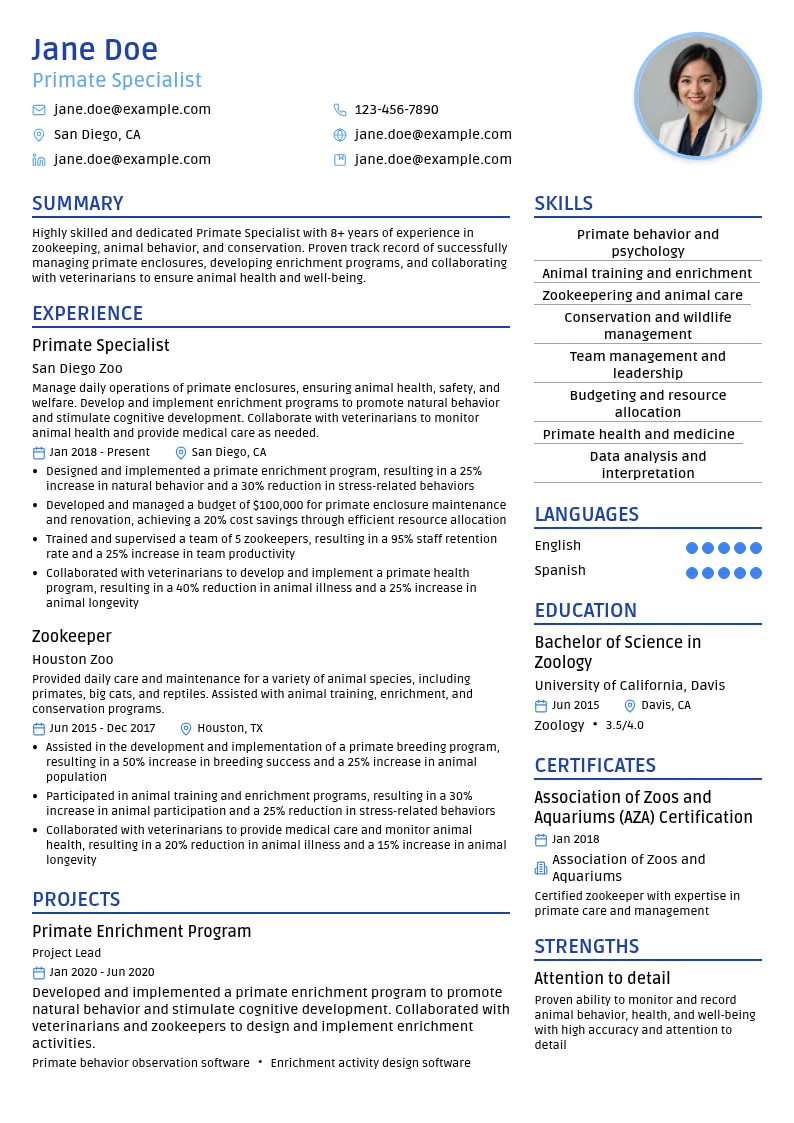 Primate Specialist resume example