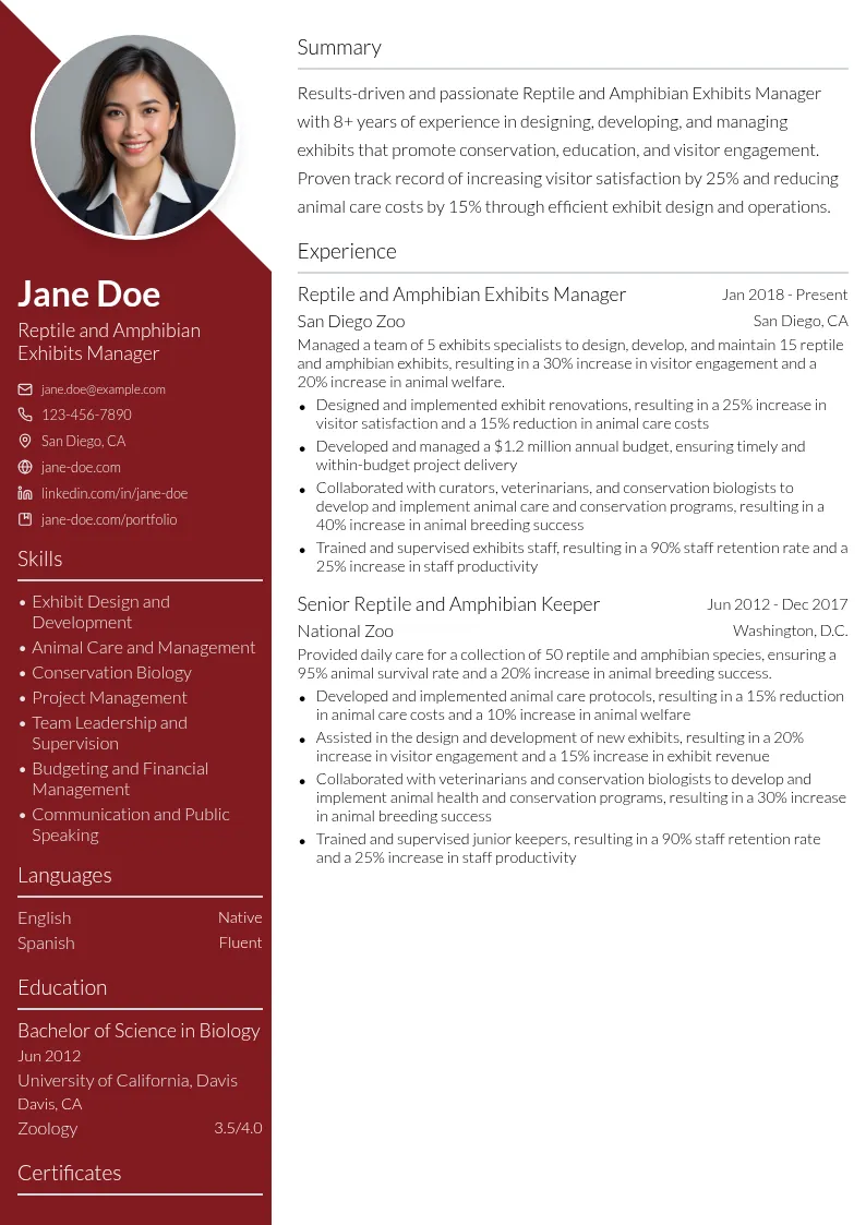 Reptile and Amphibian Exhibits Manager resume example