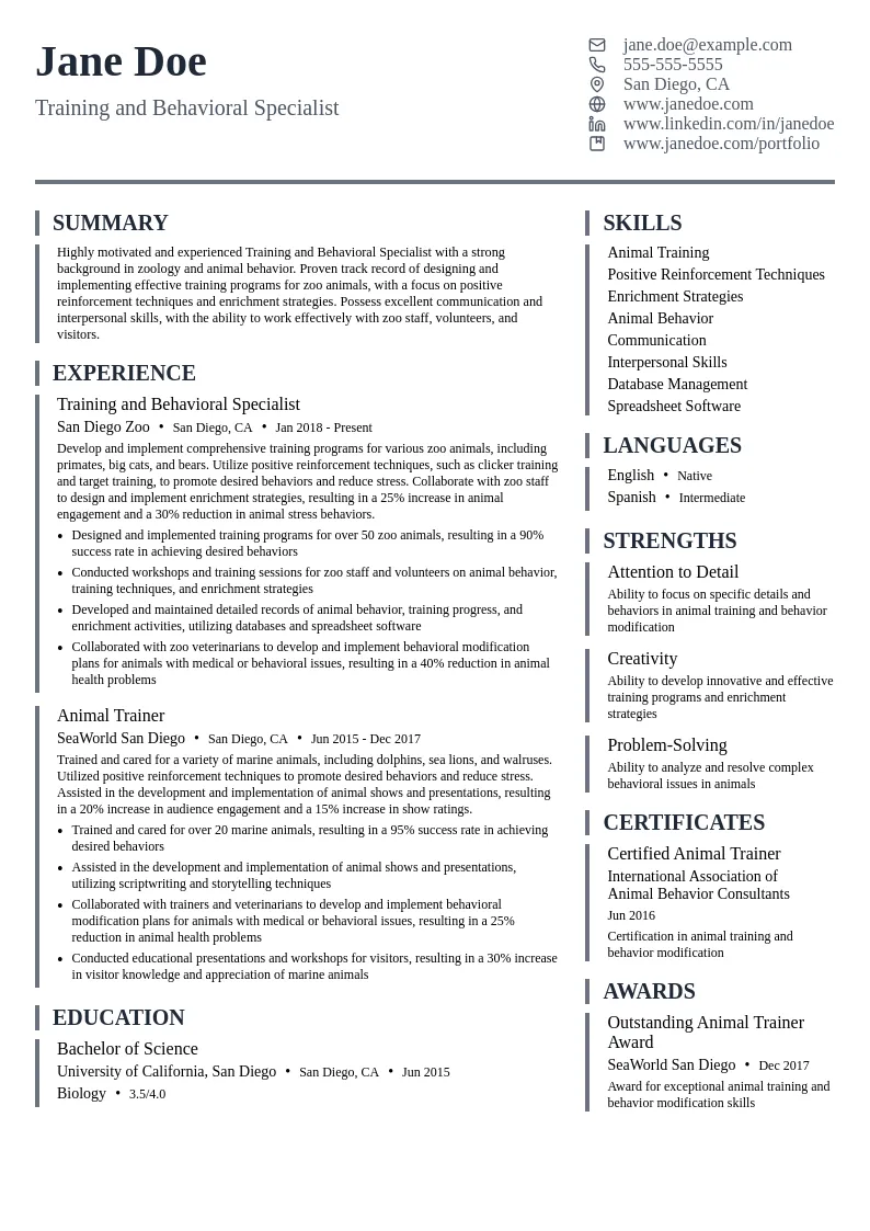 Training and Behavioral Specialist resume example