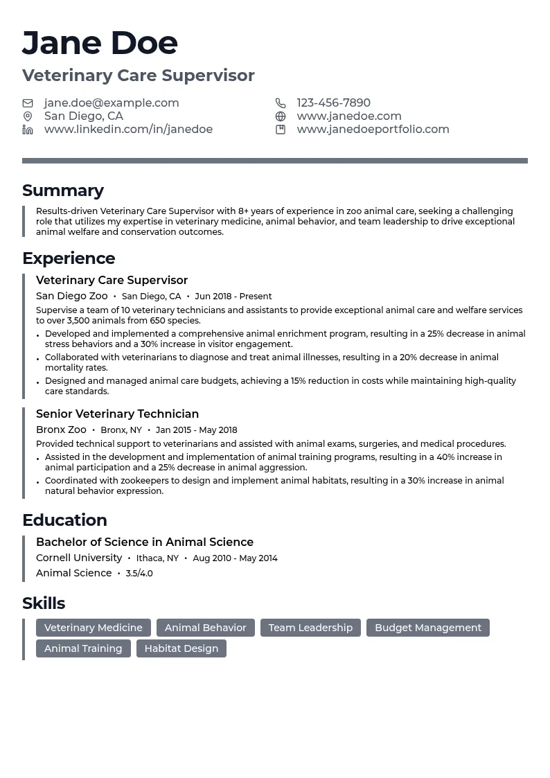 Veterinary Care Supervisor resume example
