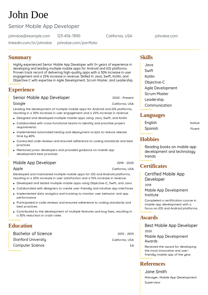 Senior Mobile App Developer resume example