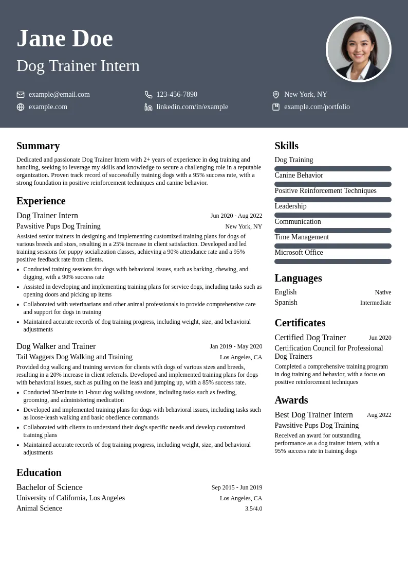 Dog Trainer Intern resume example
