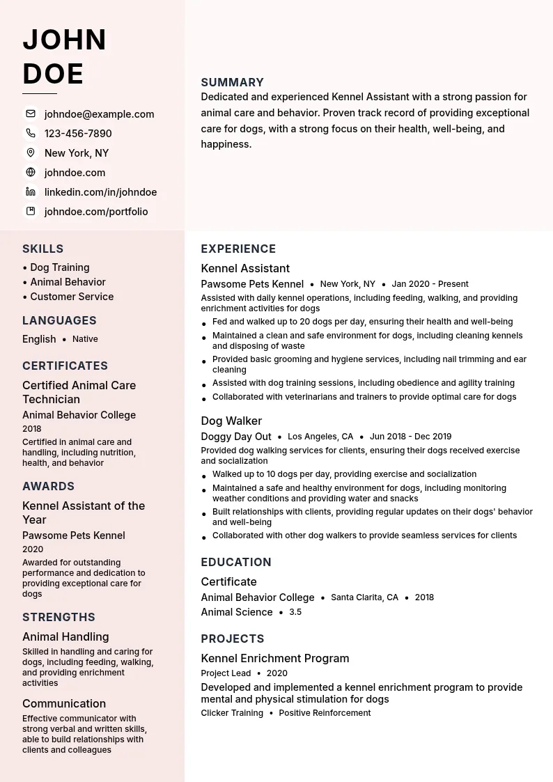 Kennel Assistant resume example