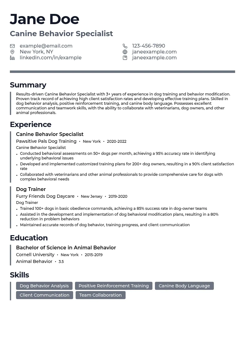 Canine Behavior Specialist resume example