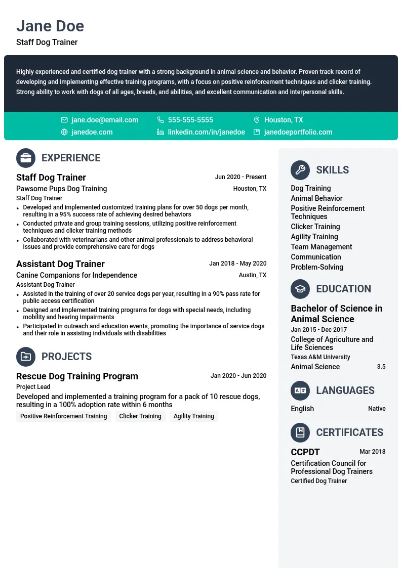Staff Dog Trainer resume example