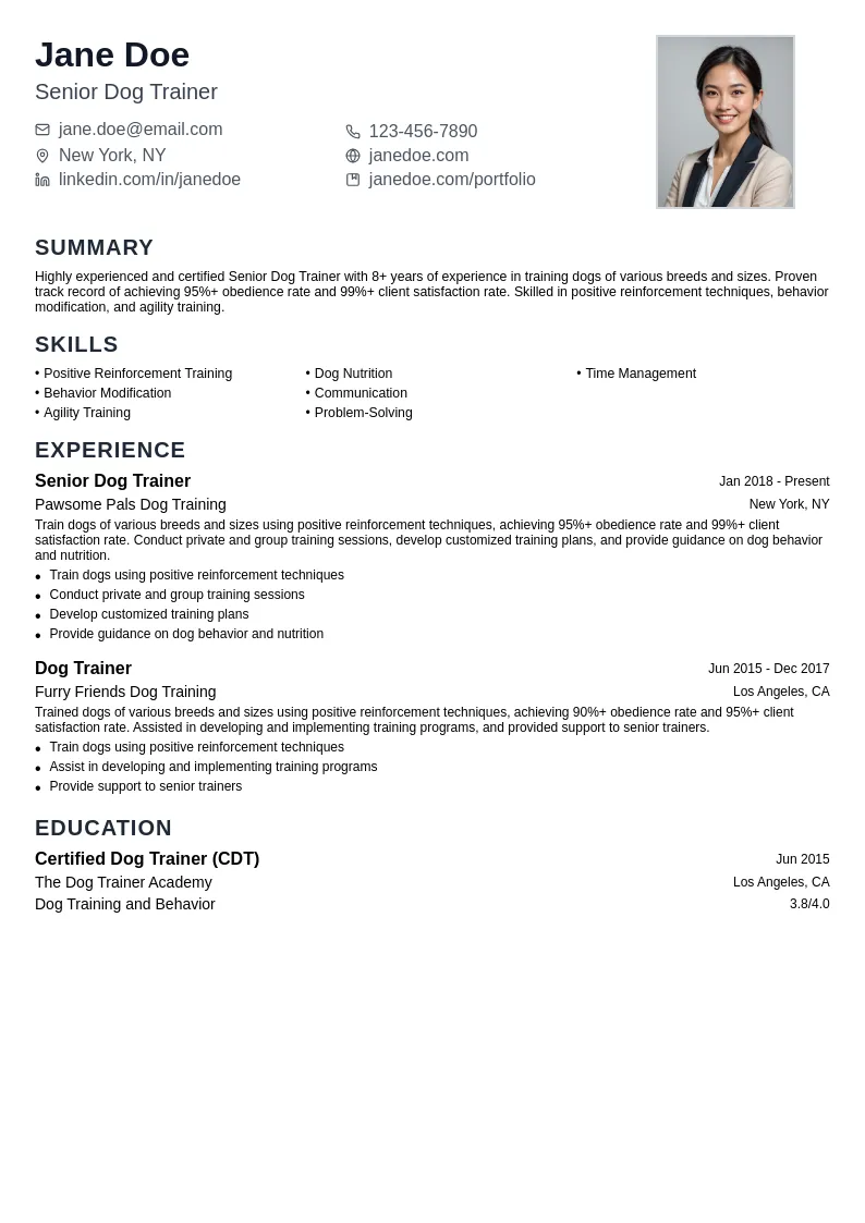 Senior Dog Trainer resume example