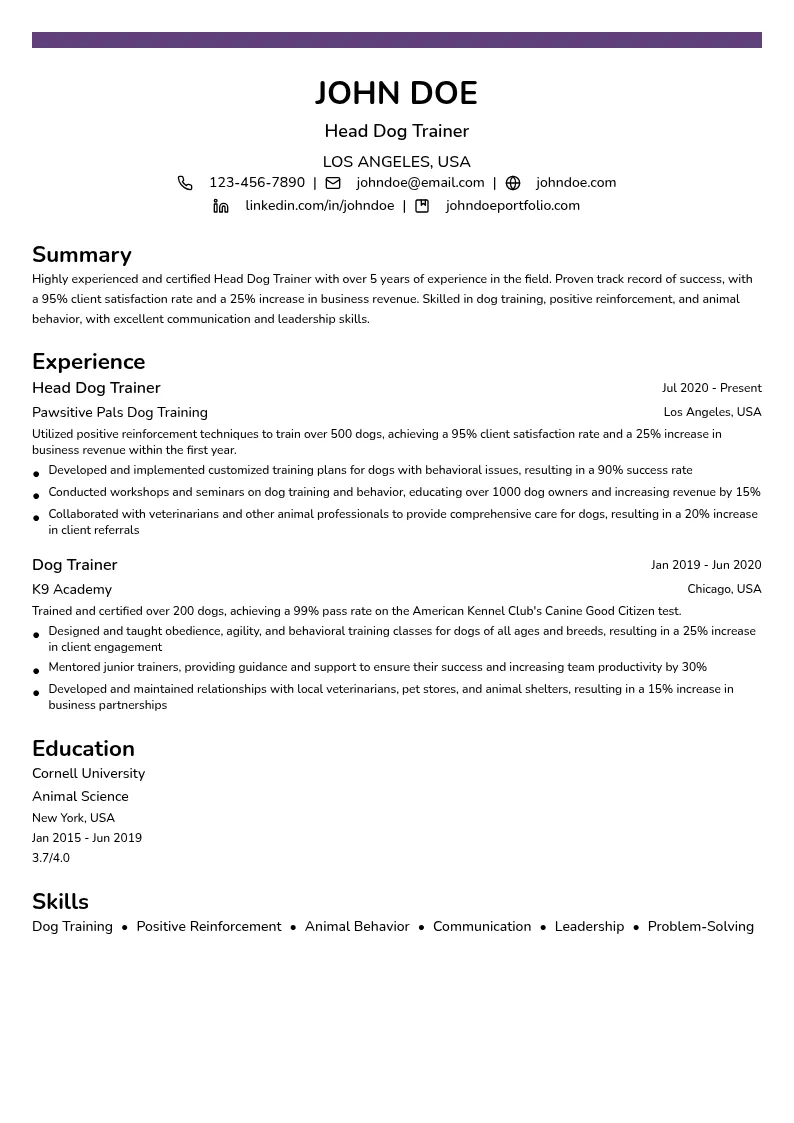 Head Dog Trainer resume example