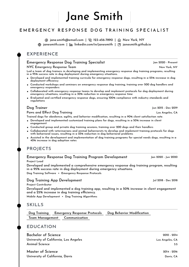Emergency Response Dog Training Specialist resume example