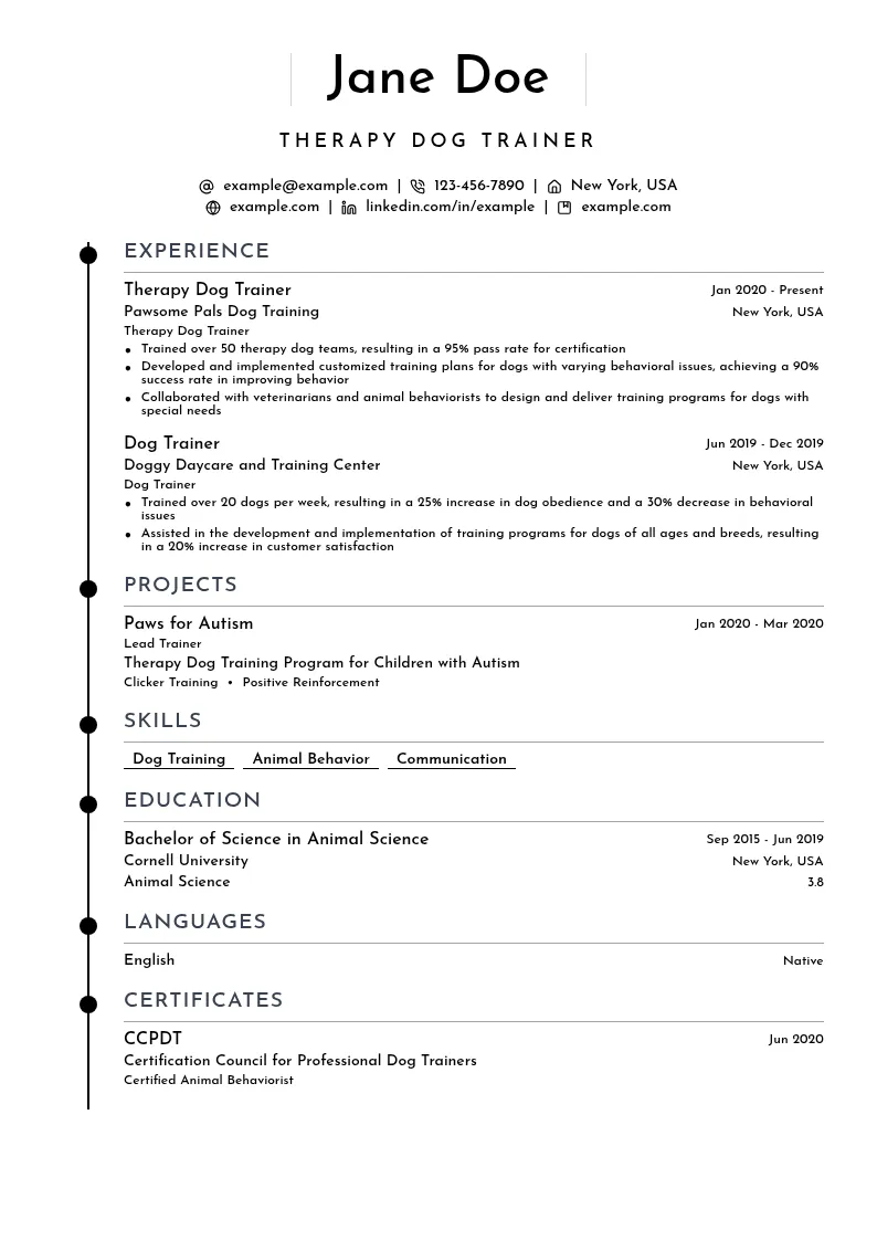 Therapy Dog Trainer resume example